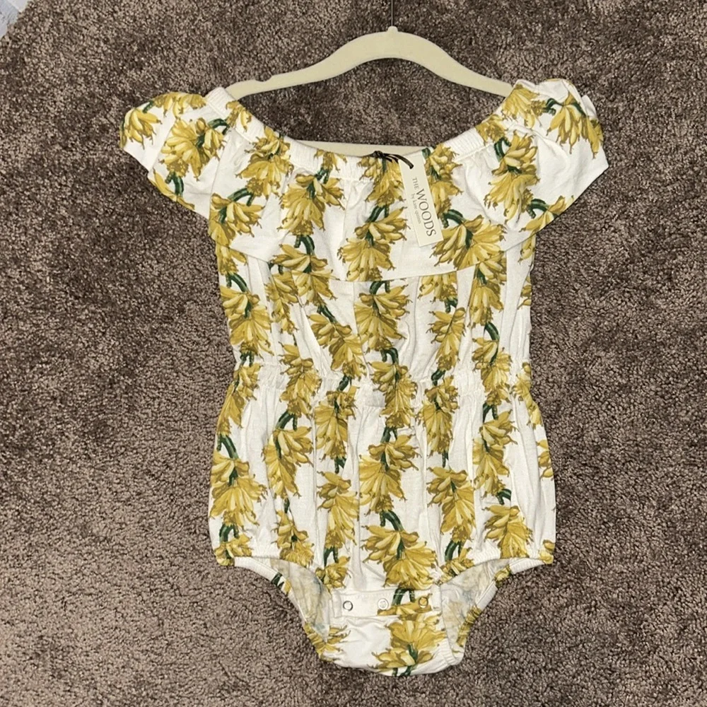 Kate Quinn the woods 18/24m bamboo banana ruffle top bubble romper NWT